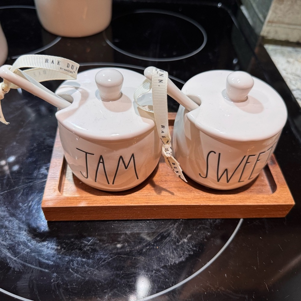 Rae Dunn Ceramic Jam and Sweetener Jars with Wooden Tray